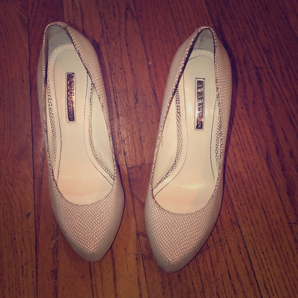 BCBG White Snake Skin heels